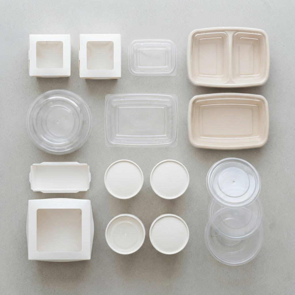 Assorted food-safe takeaway and storage containers laid out on a clean surface