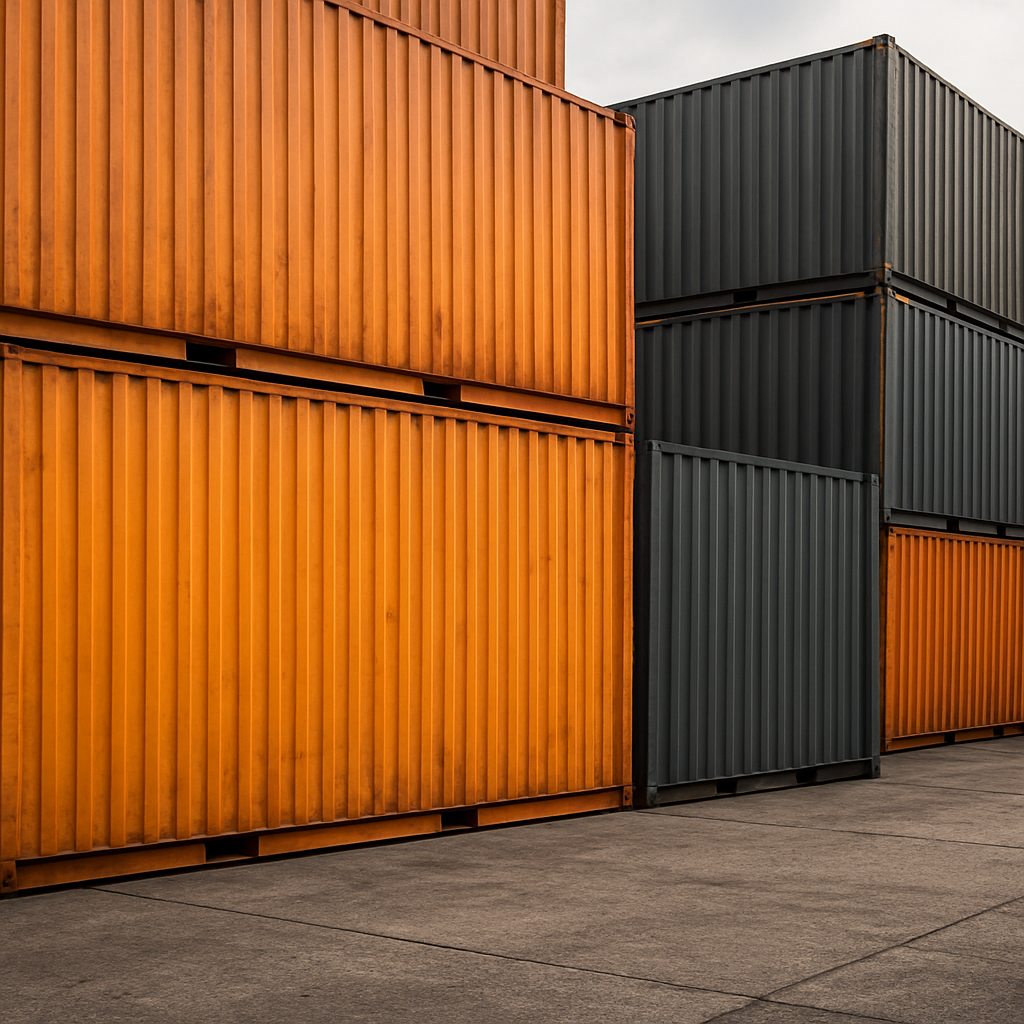 Close-up of stacked steel shipping containers showing corrugated texture detail