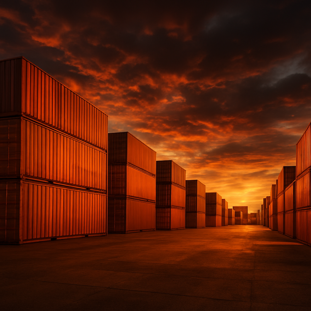 Shipping container yard at dusk with rows of orange and steel containers under a dramatic sky