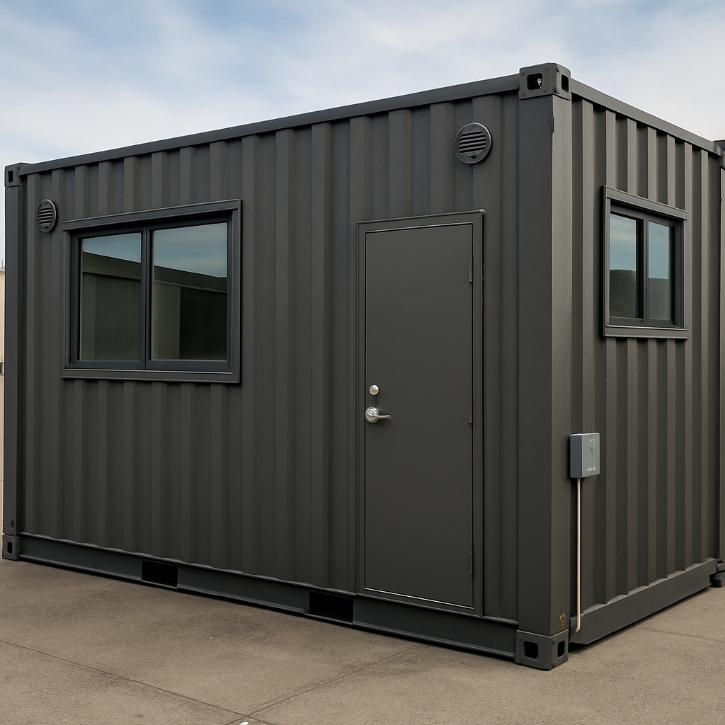 Custom modified shipping container with added windows, side door and ventilation