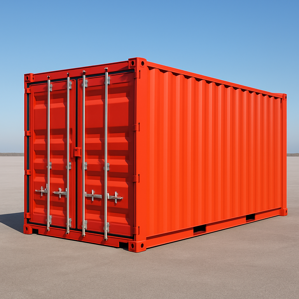 Brand new orange-red ISO shipping container in pristine condition on a flat yard