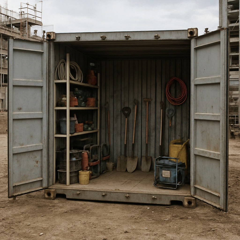 Shipping container with open doors used for temporary site storage on a construction site
