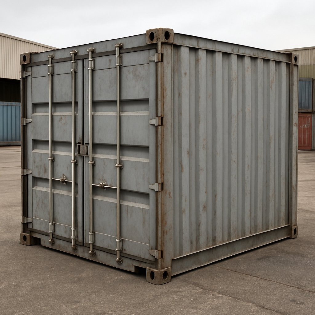 Used wind-and-watertight grey shipping container in a storage yard